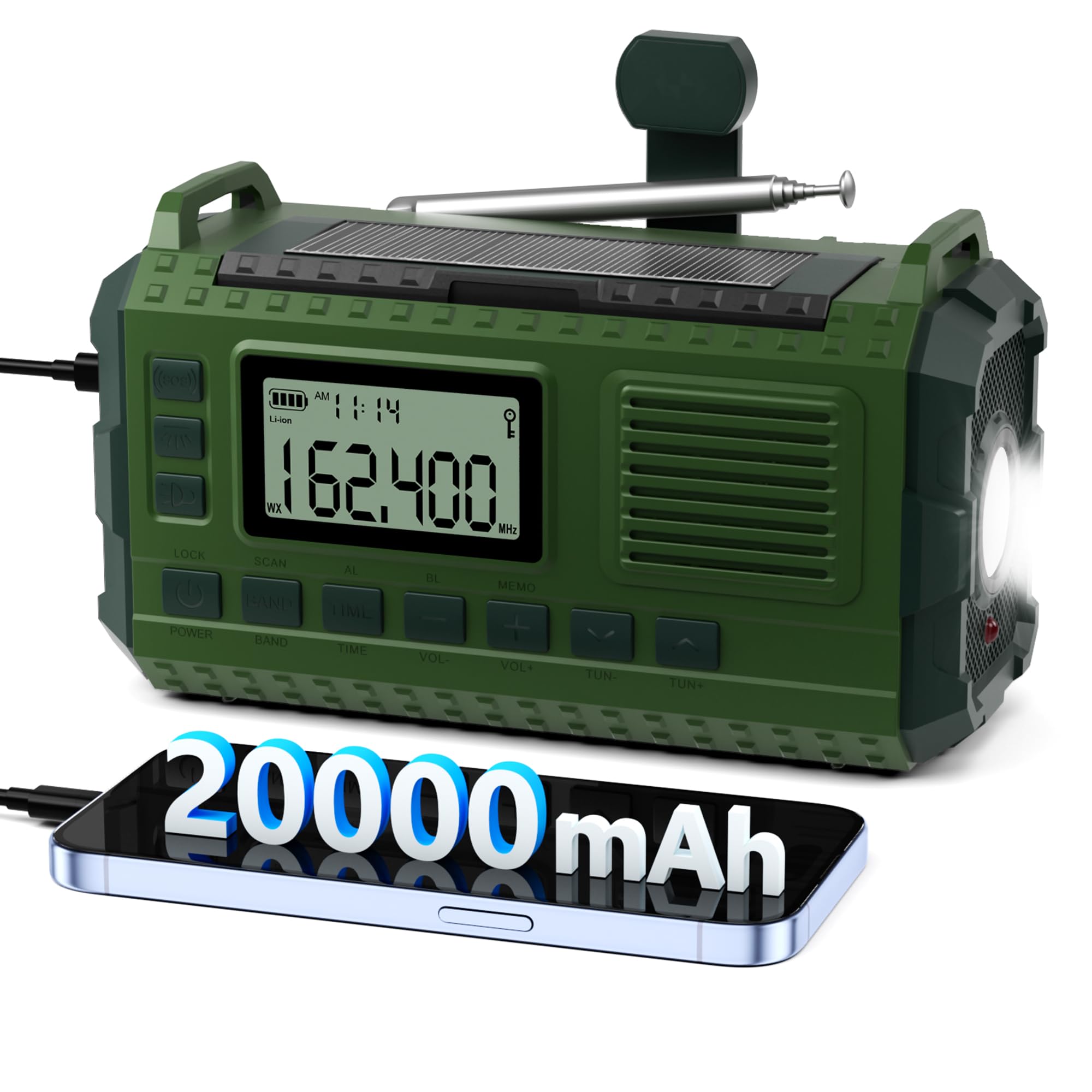 All-Weather Emergency Radio with Hand Crank & Solar Charge - AM/FM/NOAA, 20000mAh Power Bank | emergency weather radio