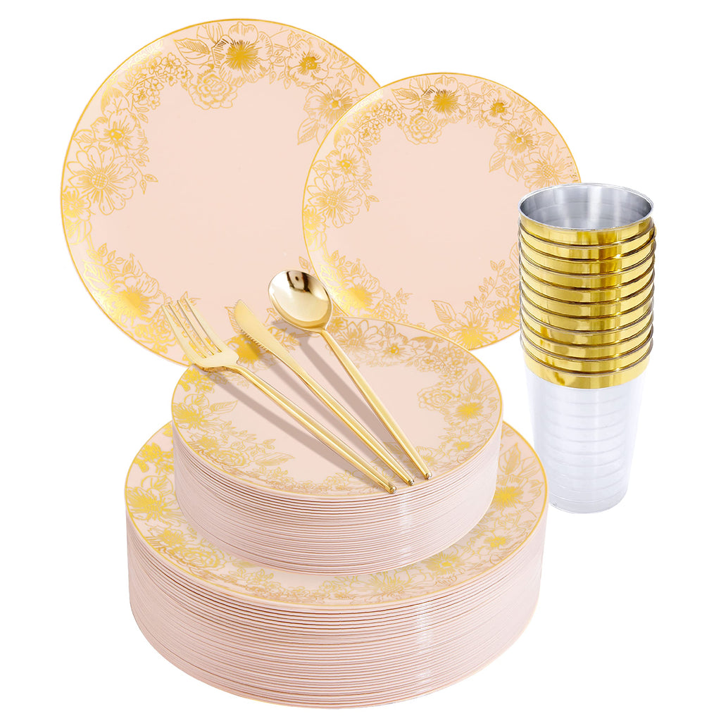 Elegantes 180-teiliges Party-Set in Rosa & Gold für besondere Anlässe | elegantes Einweggeschirr