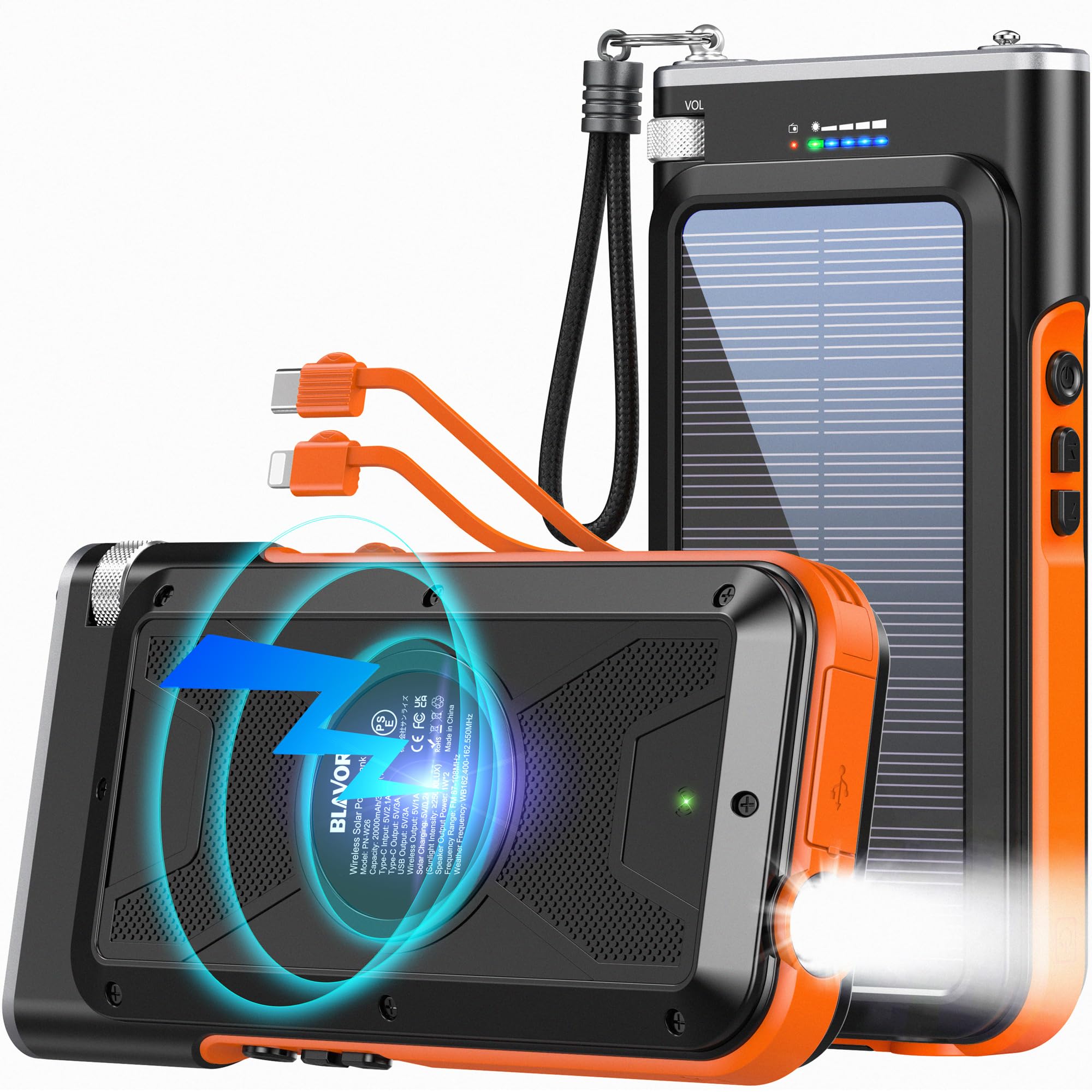 BLAVOR 20000mAh Fast Solar Charger with Dual Cables & Flashlight | high capacity solar power bank