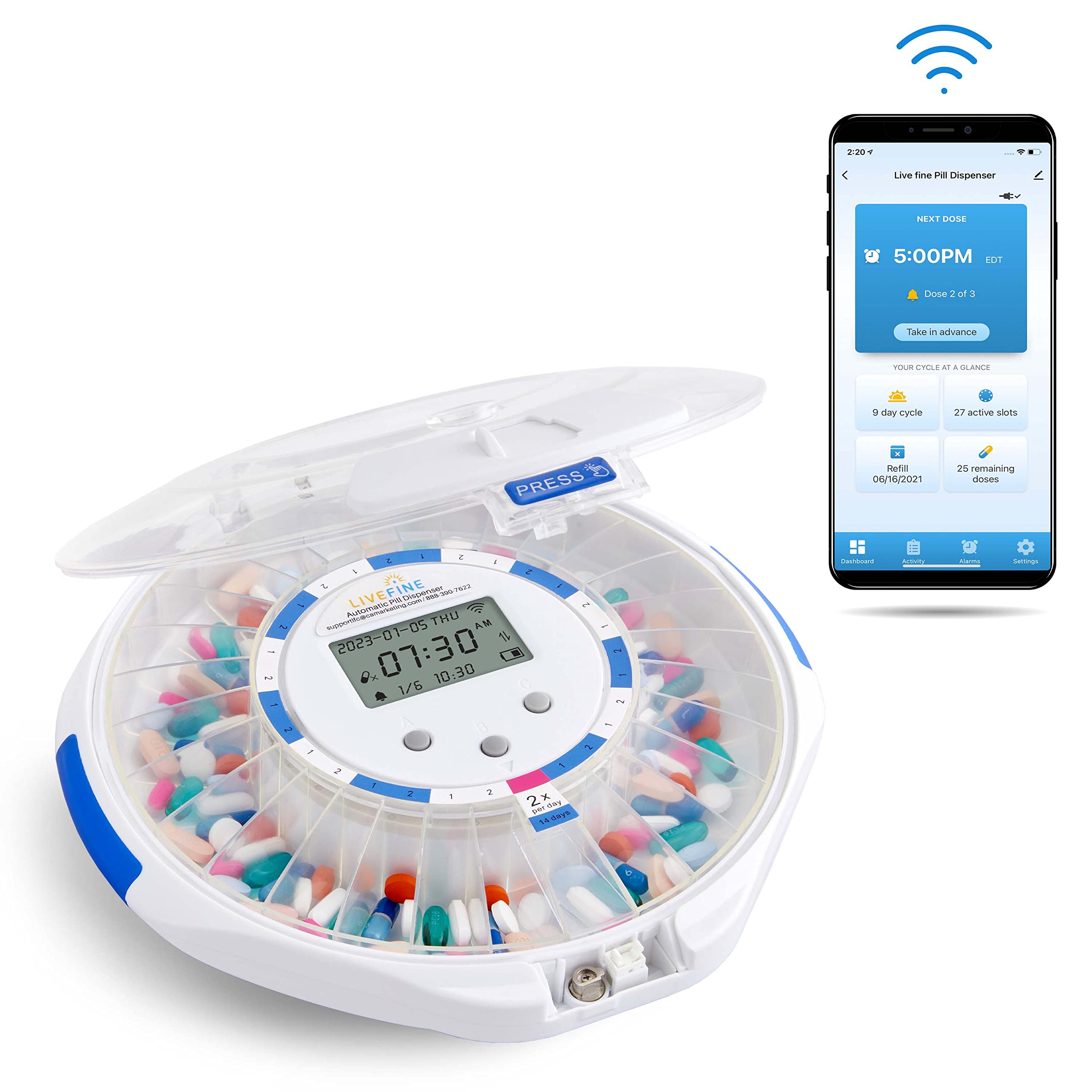 LiveFine 28-Tage intelligenter Pillenspender mit WLAN & Alarmen