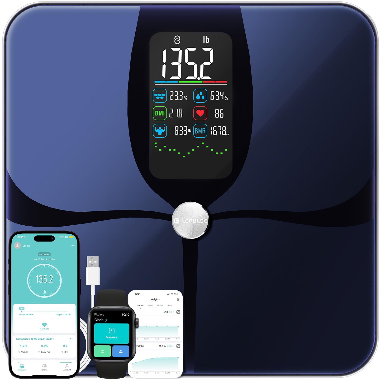 Lepulse Erweiterte intelligente Waage mit 4,68-Zoll-Display & 22 Messwerten | intelligente Körperwaage