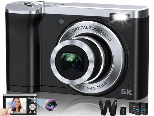 5K Digital Camera 56MP Cameras for Photography Autofocus10X Optical Zoom Vlogging Compact Camera with Front and Rear Camera6-Axis Anti-ShakeTouch Screen with 64GB SD Card2 Batteries | compact vlogging camera