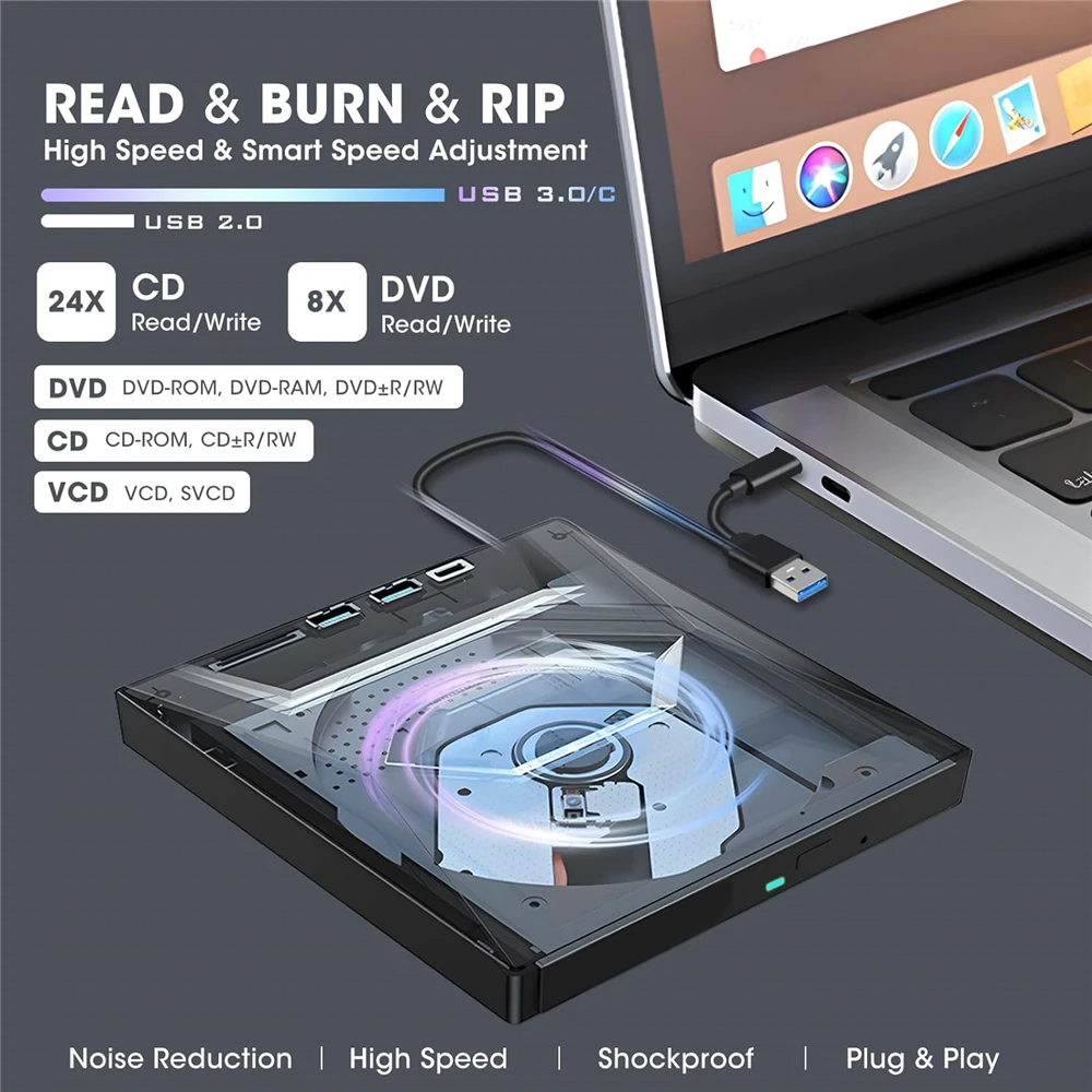 USB 3.0 ekstern CD/DVD-drev til PC og Mac | eksternt CD DVD-drev