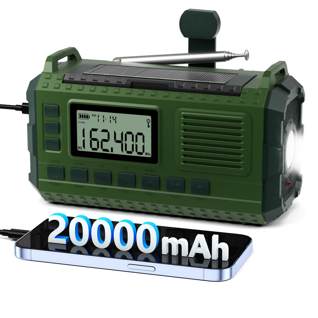 All-Weather Emergency Radio with Hand Crank & Solar Charge - AM/FM/NOAA, 20000mAh Power Bank | emergency weather radio