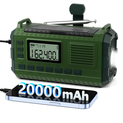 All-Weather Emergency Radio with Hand Crank & Solar Charge - AM/FM/NOAA, 20000mAh Power Bank | emergency weather radio