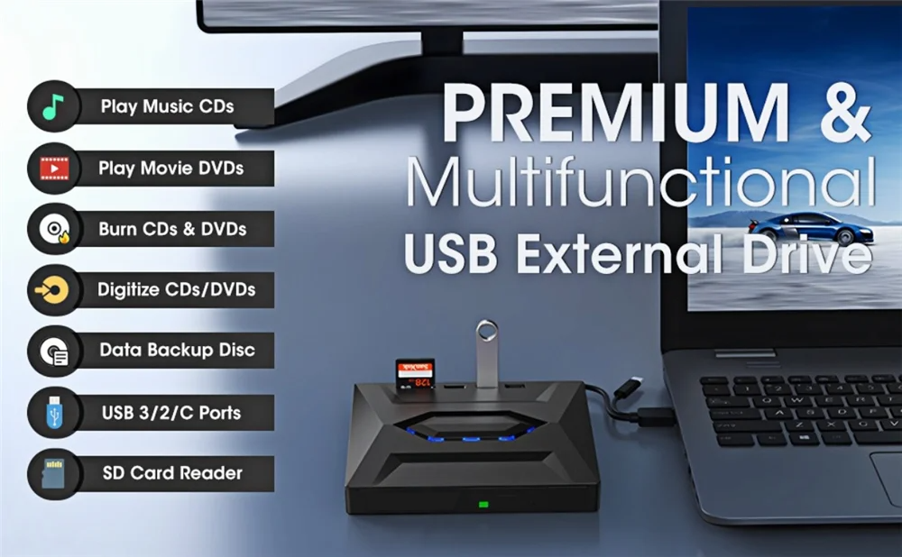 USB 3.0 ekstern CD/DVD-drev til PC og Mac | eksternt CD DVD-drev