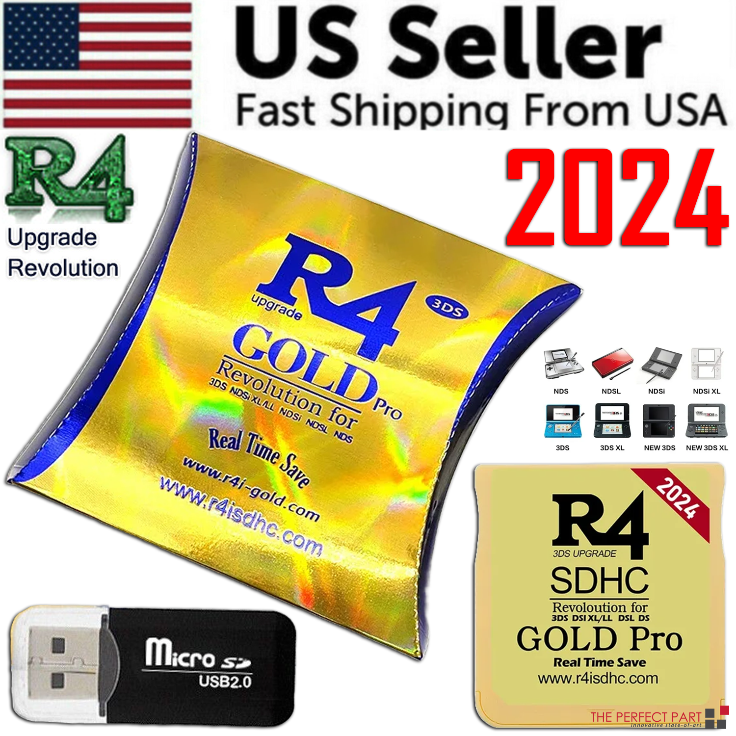 2024 Version R4 Gold Pro SDHC R4i For DS/3DS/2DS Revolution Cartridge + USB | high speed gaming card